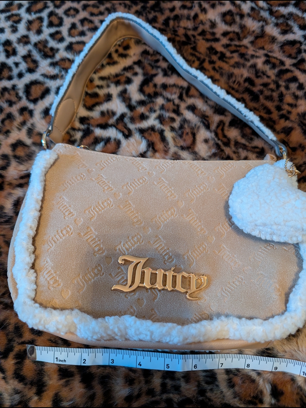 Juicy Couture Cream Faux Shearling Trim Shoulder Bag with Gold Logo